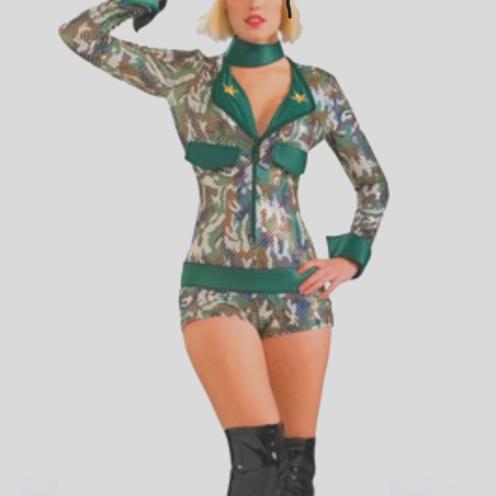 General Military Female Coquette Spandex Short Romper Glittered 3PCS costume PS